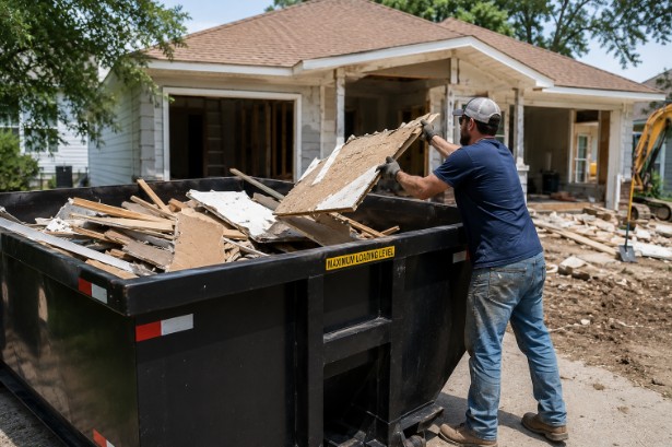 Construction debris being loaded into a dumpster during a cleanup project in El Campo, TX.