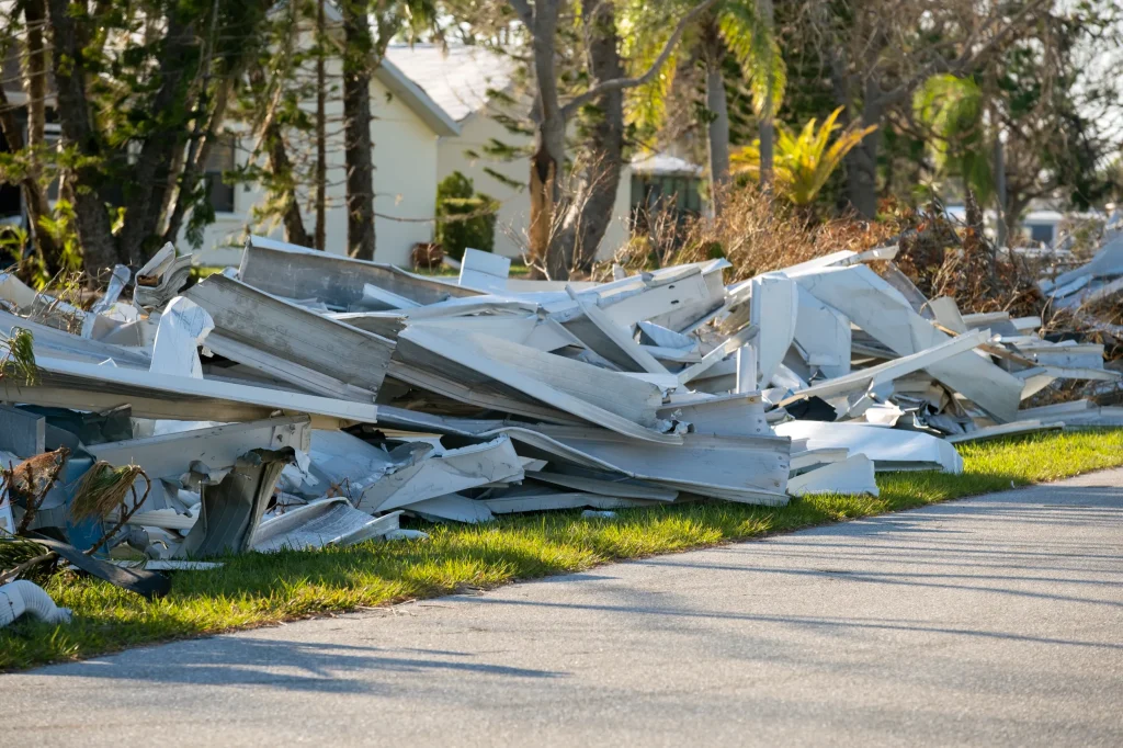 A large pile of metal debris lies on a residential street lined with trees. Sunlight filters through, highlighting the contrast between nature and destruction.
